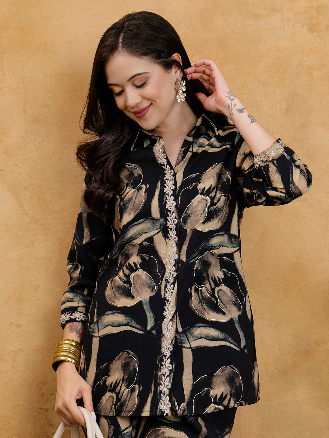Black Floral Print Shirt Collar Co-Ord Set with Trousers | Claura