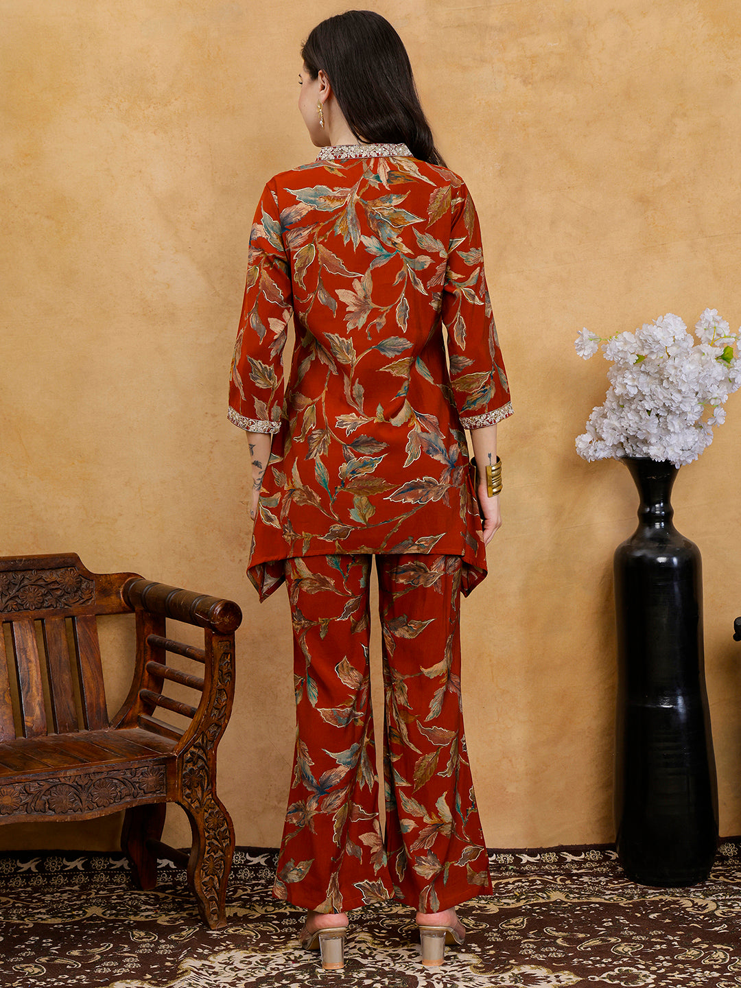 Rust Orange Floral Printed V-Neck Tunic with Printed Trousers Co-Ord Set
