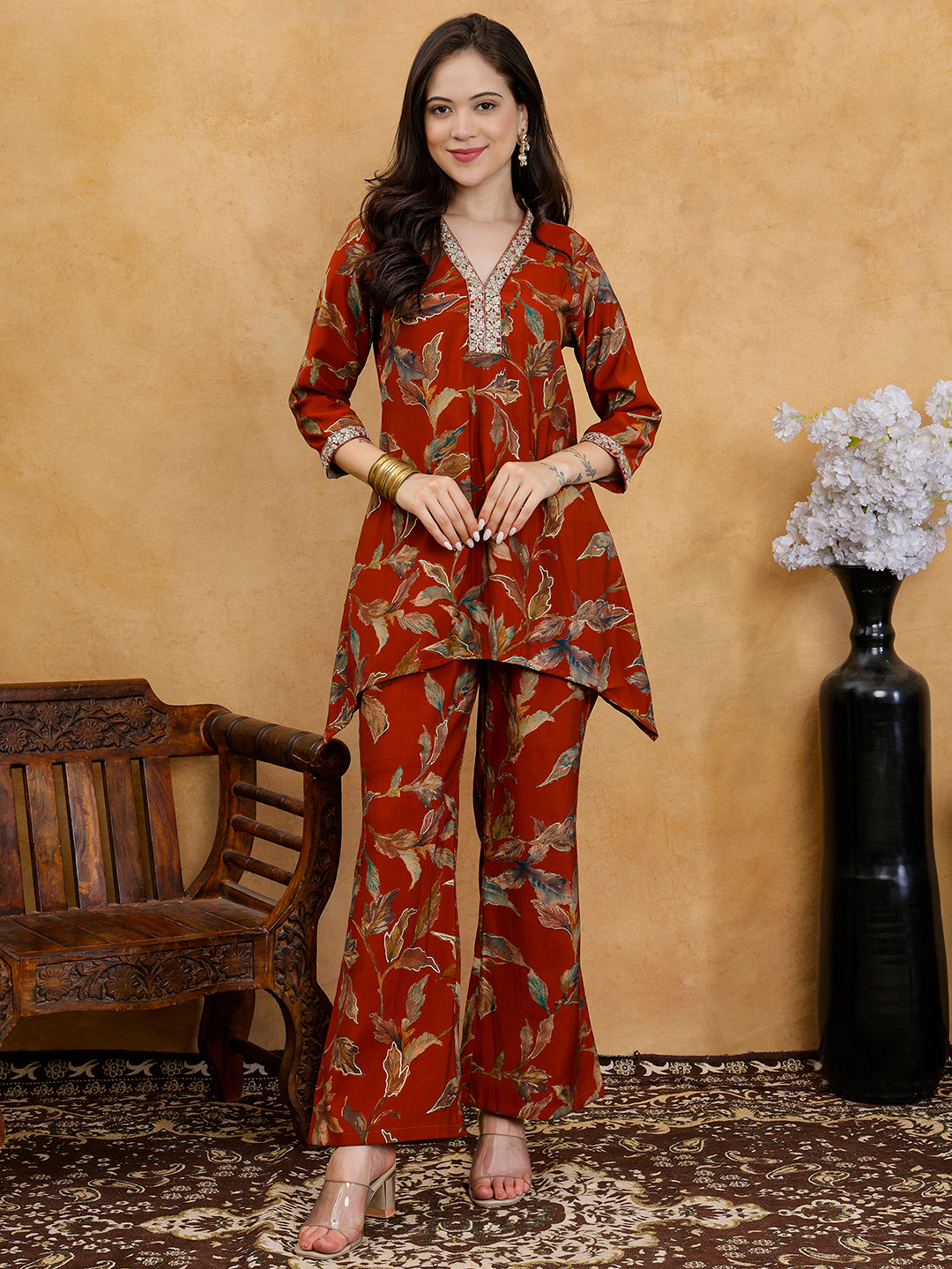 Rust Orange Floral Printed V-Neck Tunic with Printed Trousers Co-Ord Set