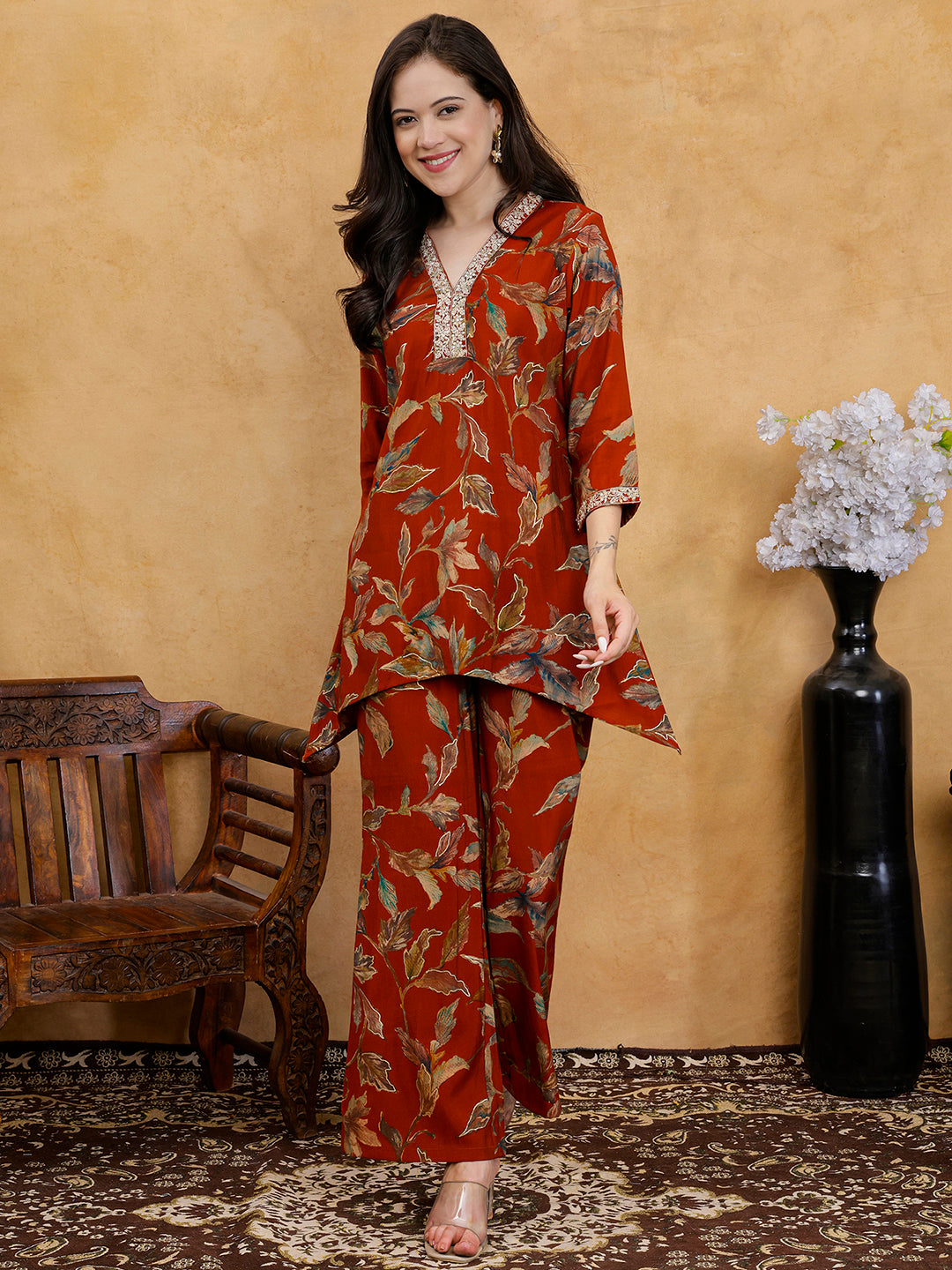 Rust Orange Floral Printed V-Neck Tunic with Printed Trousers Co-Ord Set
