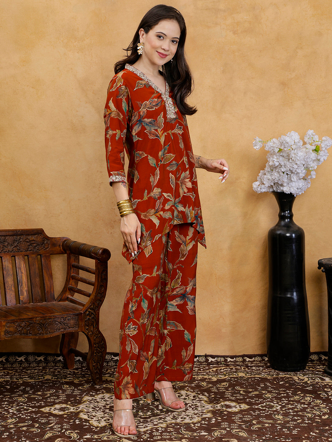 Rust Orange Floral Printed V-Neck Tunic with Printed Trousers Co-Ord Set