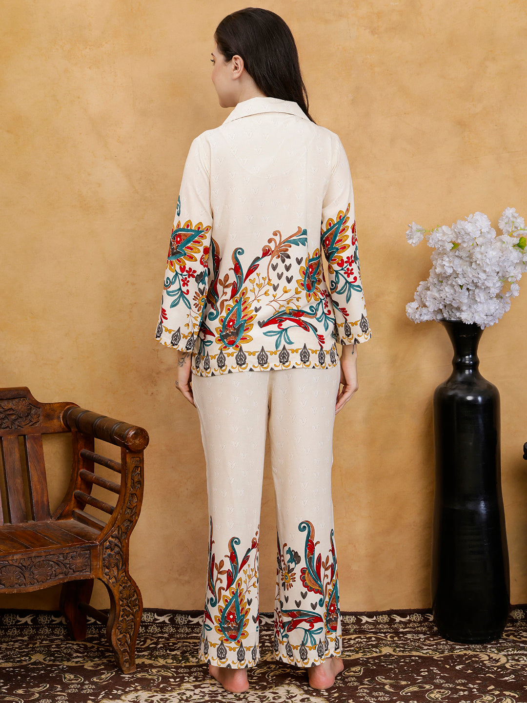 White Botanical Print Shirt Collar Night Suit For Women | Claura