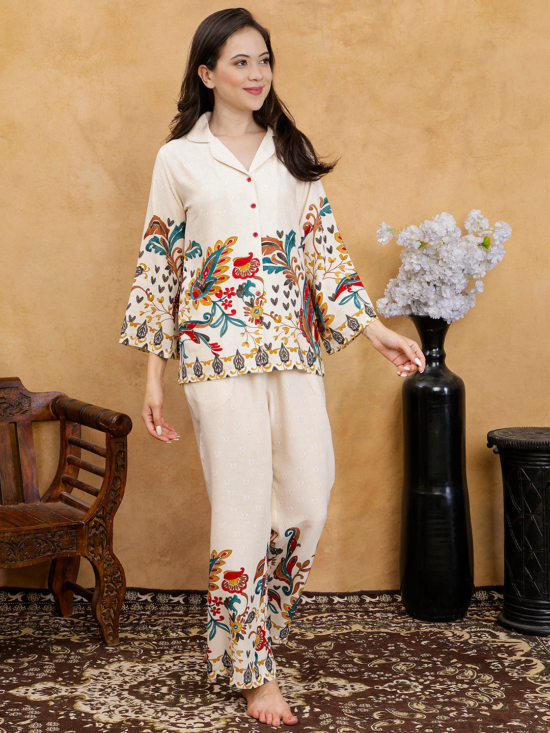 White Botanical Print Shirt Collar Night Suit For Women | Claura