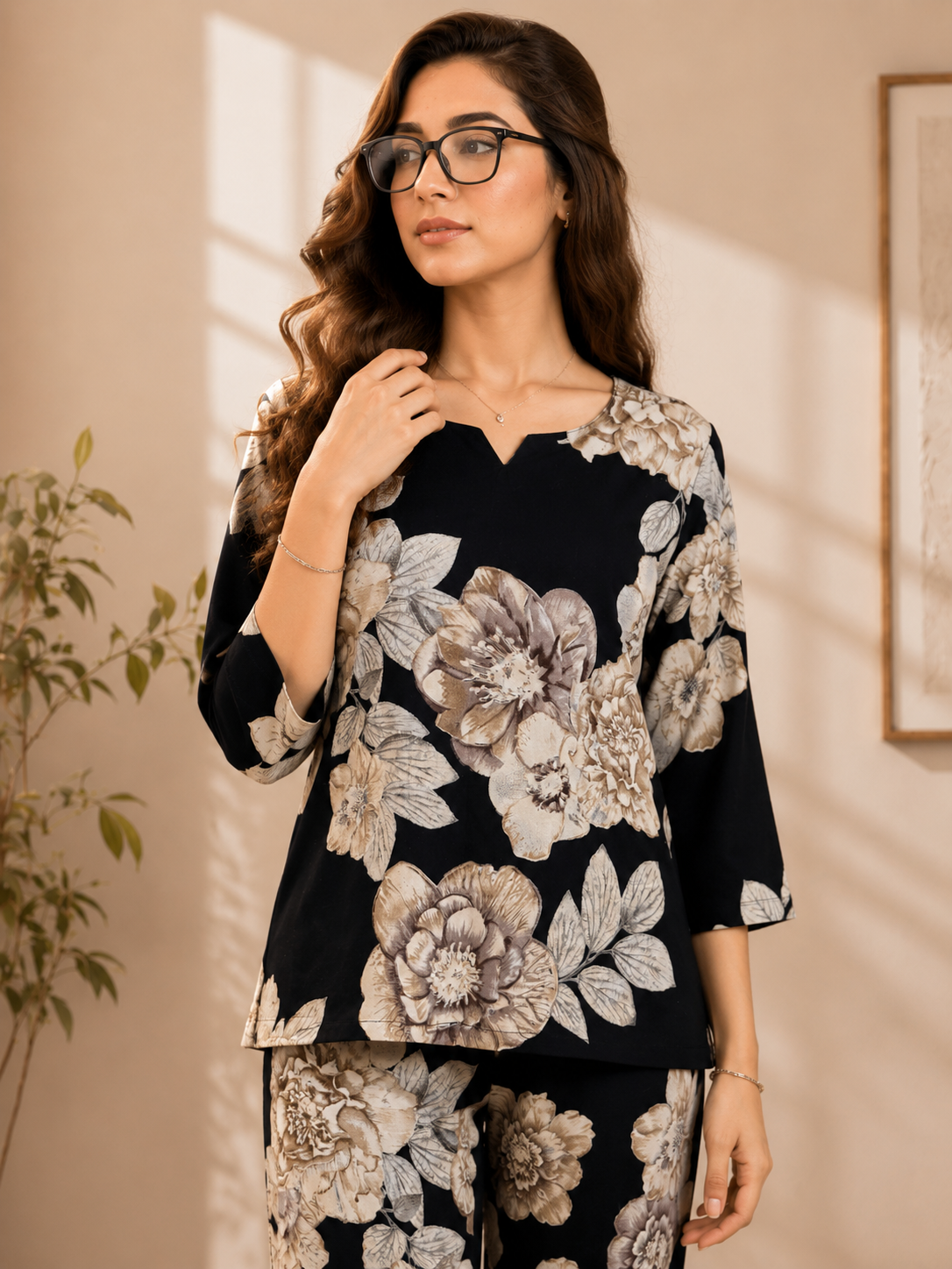 Black Floral Printed Round Neck 3/4 Sleeve Night Suit Set For Women | Claura