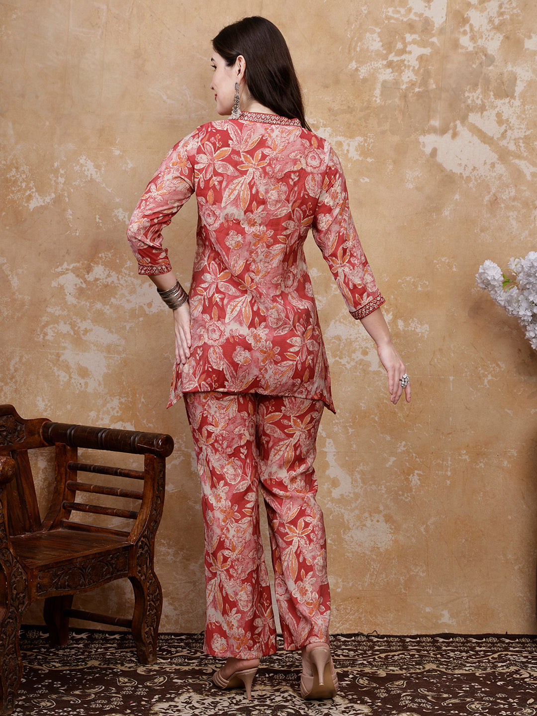 Red Floral Printed Silk-Blend Tunic with Matching Palazzo Pants | Claura