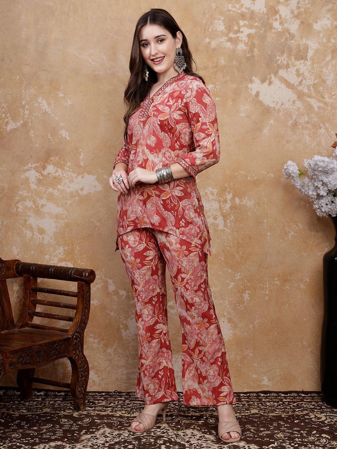 Red Floral Printed Silk-Blend Tunic with Matching Palazzo Pants | Claura