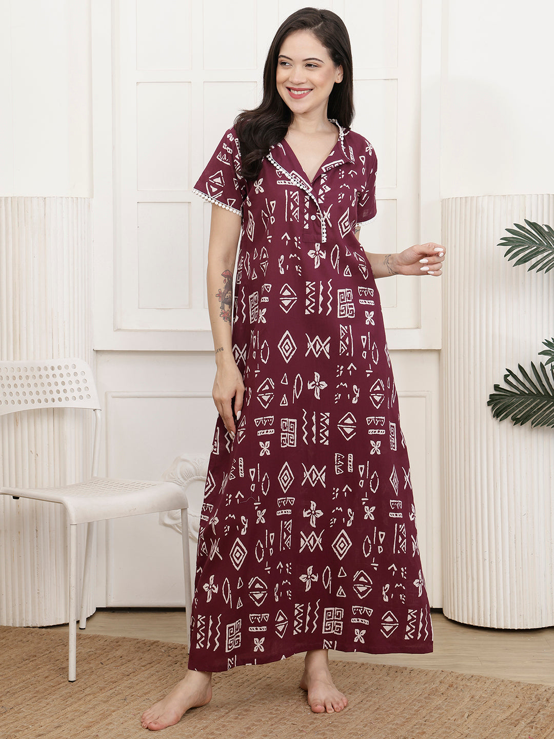 Wine Geometric Printed Cotton Maxi Nightdress | Claura