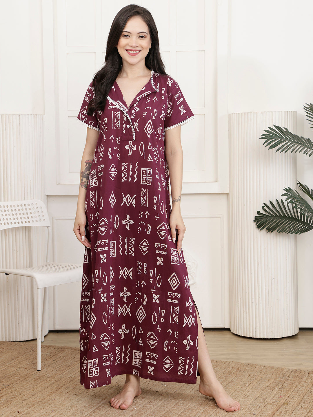 Wine Geometric Printed Cotton Maxi Nightdress | Claura