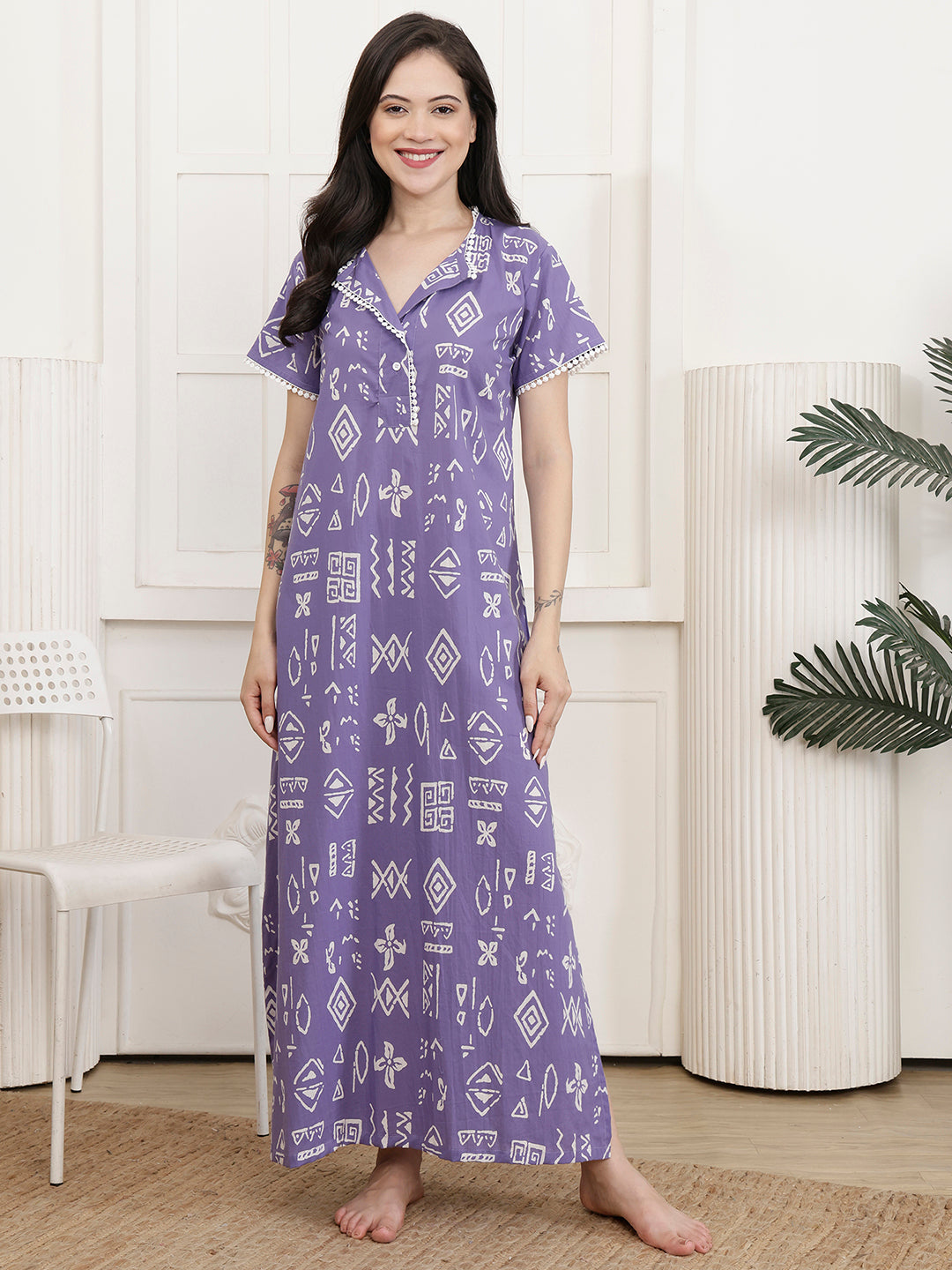 Purple Geometric Printed Cotton Maxi Nightdress | Claura
