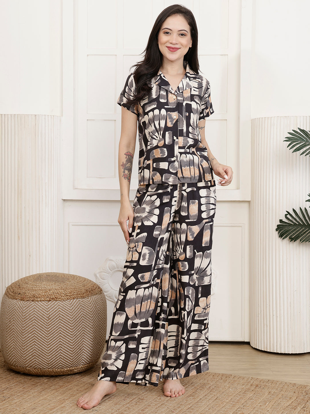 Grey Floral Printed Rayon Night Suit Set For Women | Claura