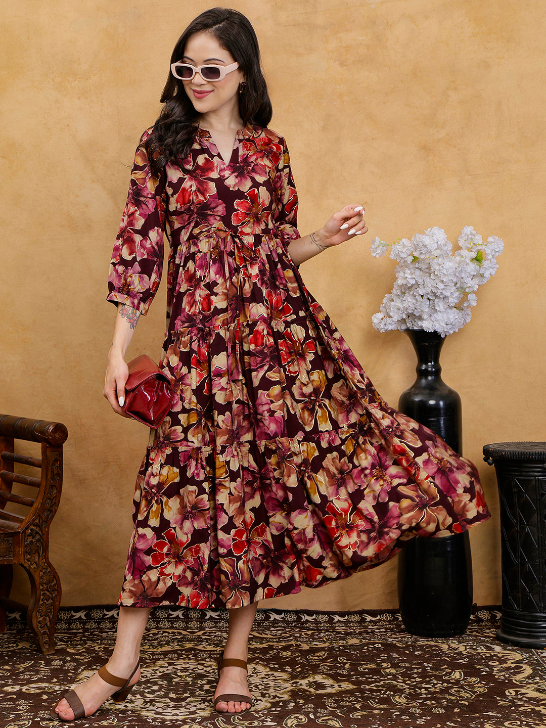 Maroon Floral Print V-Neck Gathered A-Line Maxi Dress | Claura