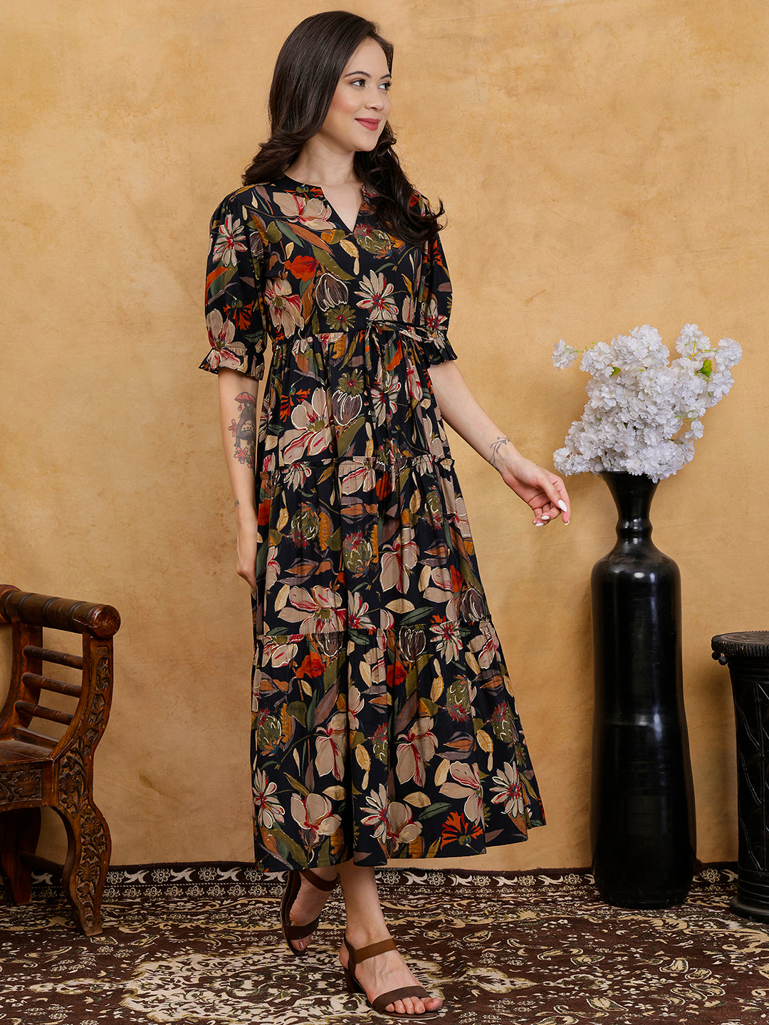 Black Floral Print Puff Sleeve A-Line Midi Dress | Claura