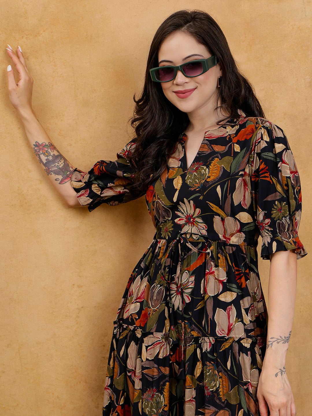 Black Floral Print Puff Sleeve A-Line Midi Dress | Claura