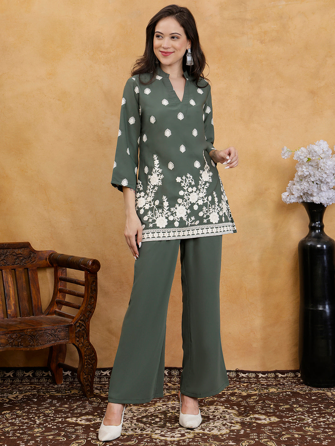Green Embroidered Mandarin Collar Tunic with Palazzos Co-Ord Set
