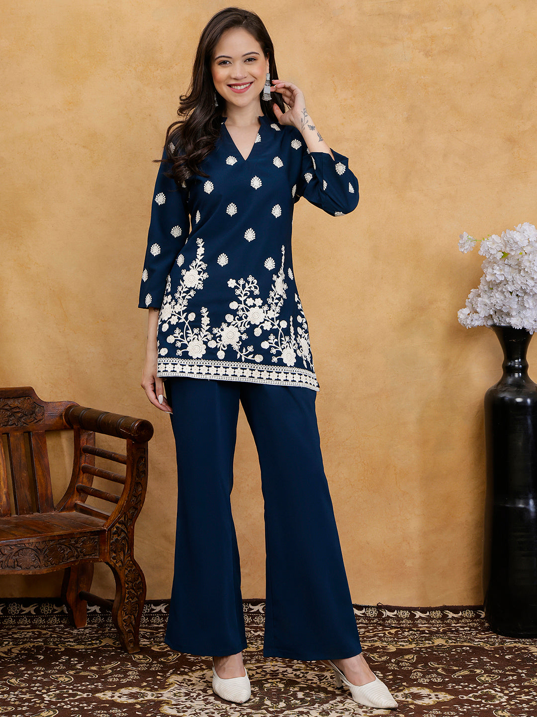 Navy Blue Embroidered Mandarin Collar Tunic with Palazzos Co-Ord Set
