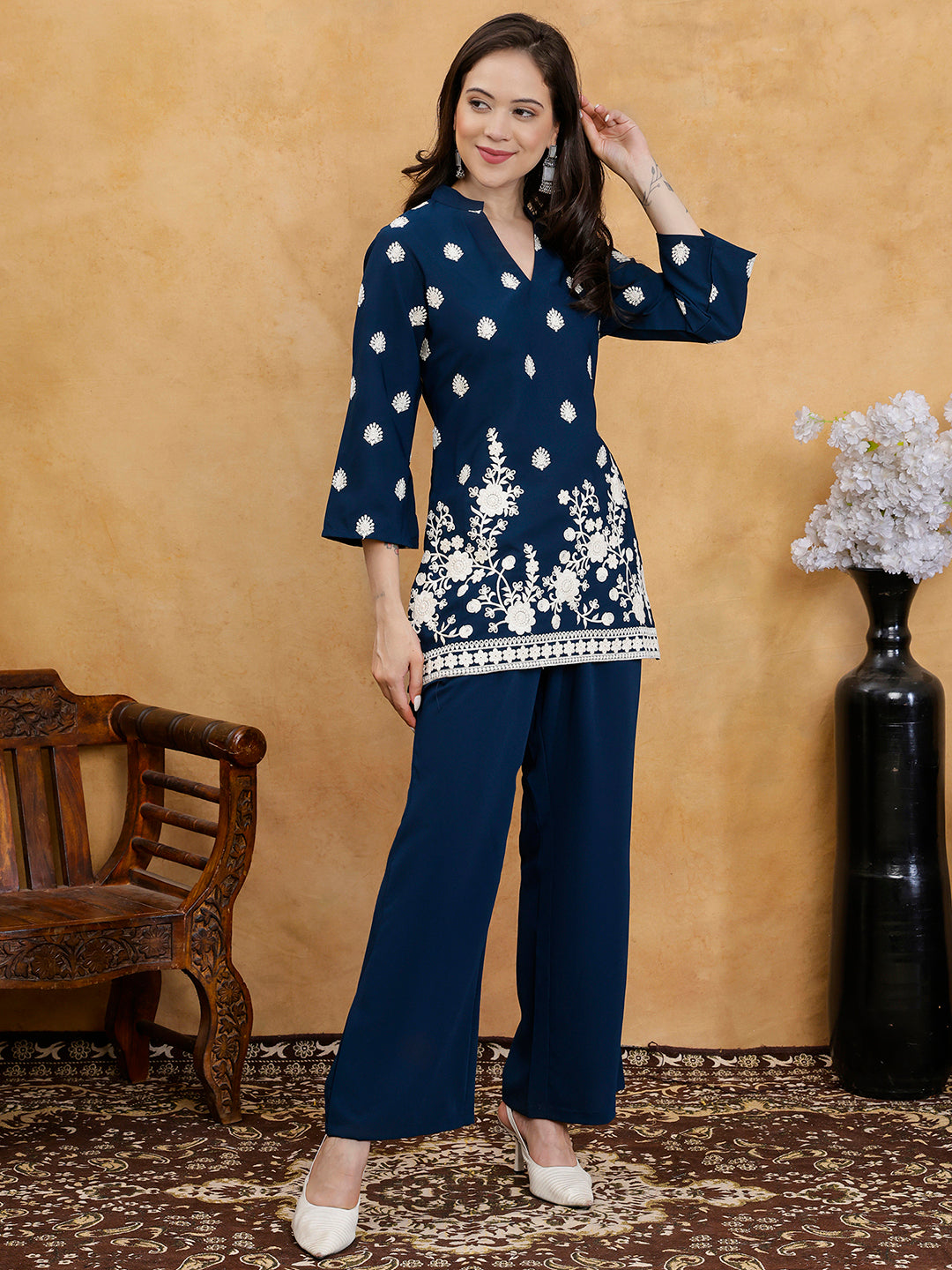 Navy Blue Embroidered Mandarin Collar Tunic with Palazzos Co-Ord Set