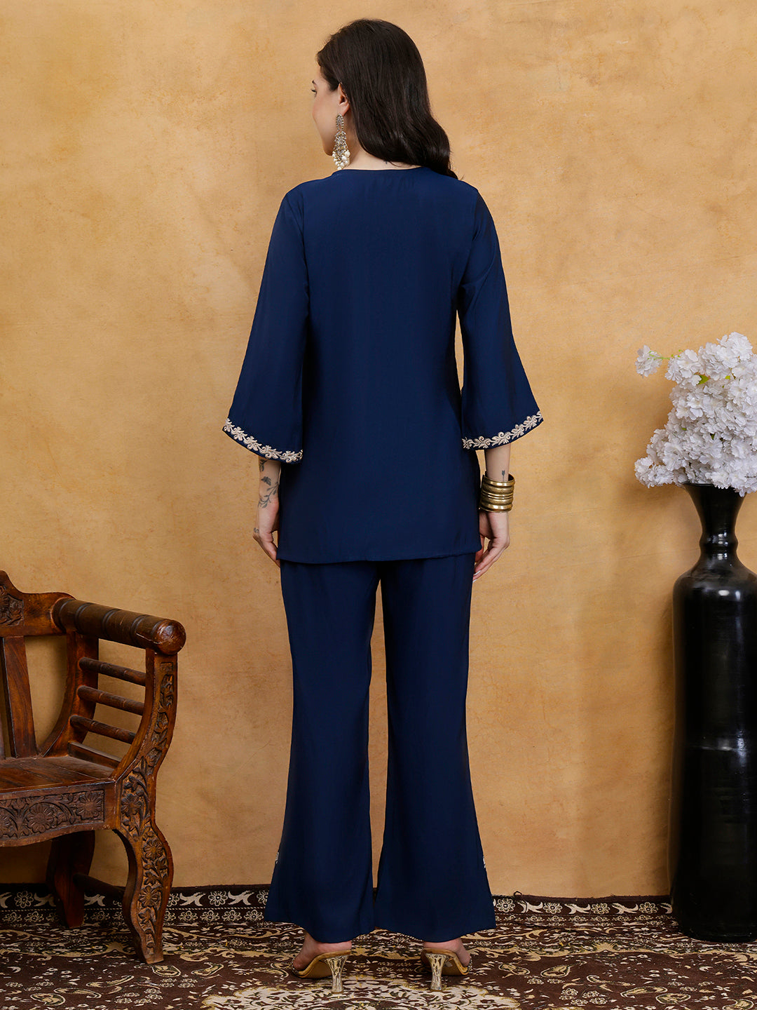 Navy Blue Embroidered V-Neck Tunic with Palazzos Co-Ord Set | Claura