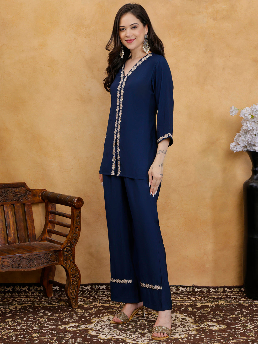 Navy Blue Embroidered V-Neck Tunic with Palazzos Co-Ord Set | Claura