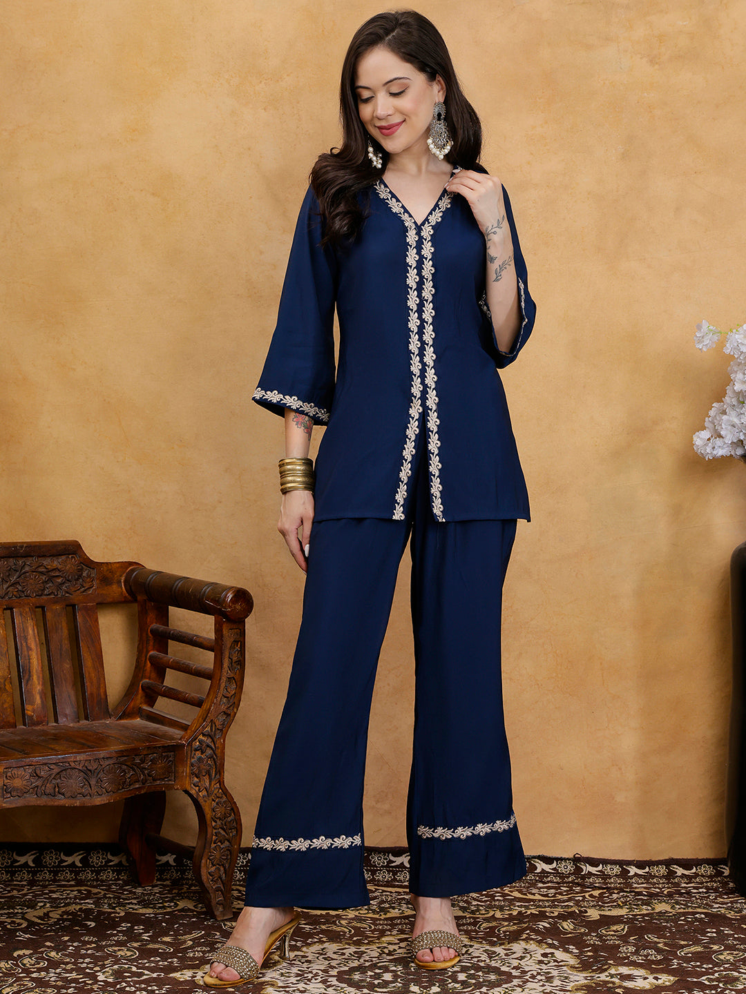Navy Blue Embroidered V-Neck Tunic with Palazzos Co-Ord Set | Claura