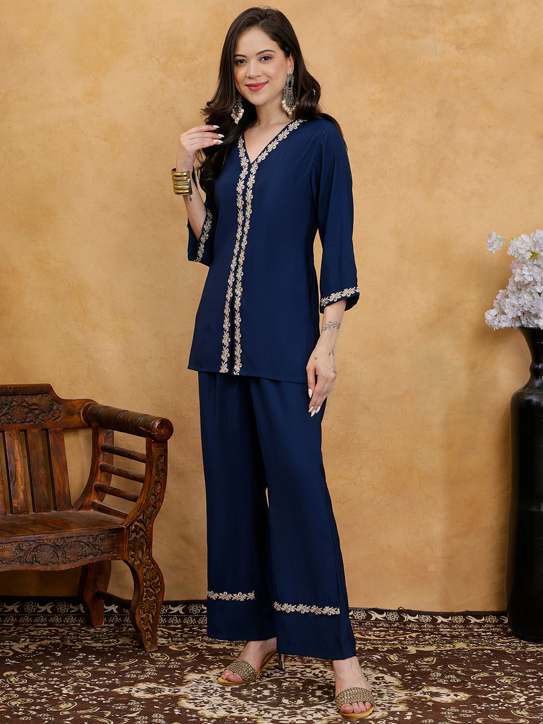 Navy Blue Embroidered V-Neck Tunic with Palazzos Co-Ord Set | Claura