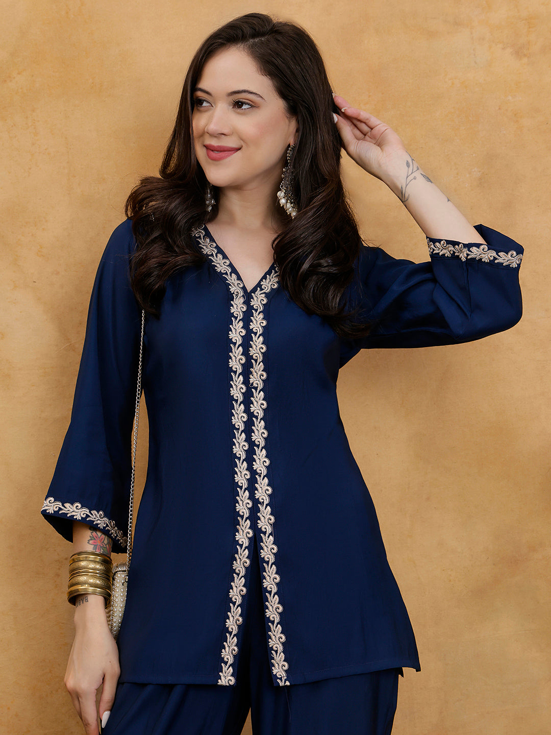 Navy Blue Embroidered V-Neck Tunic with Palazzos Co-Ord Set | Claura