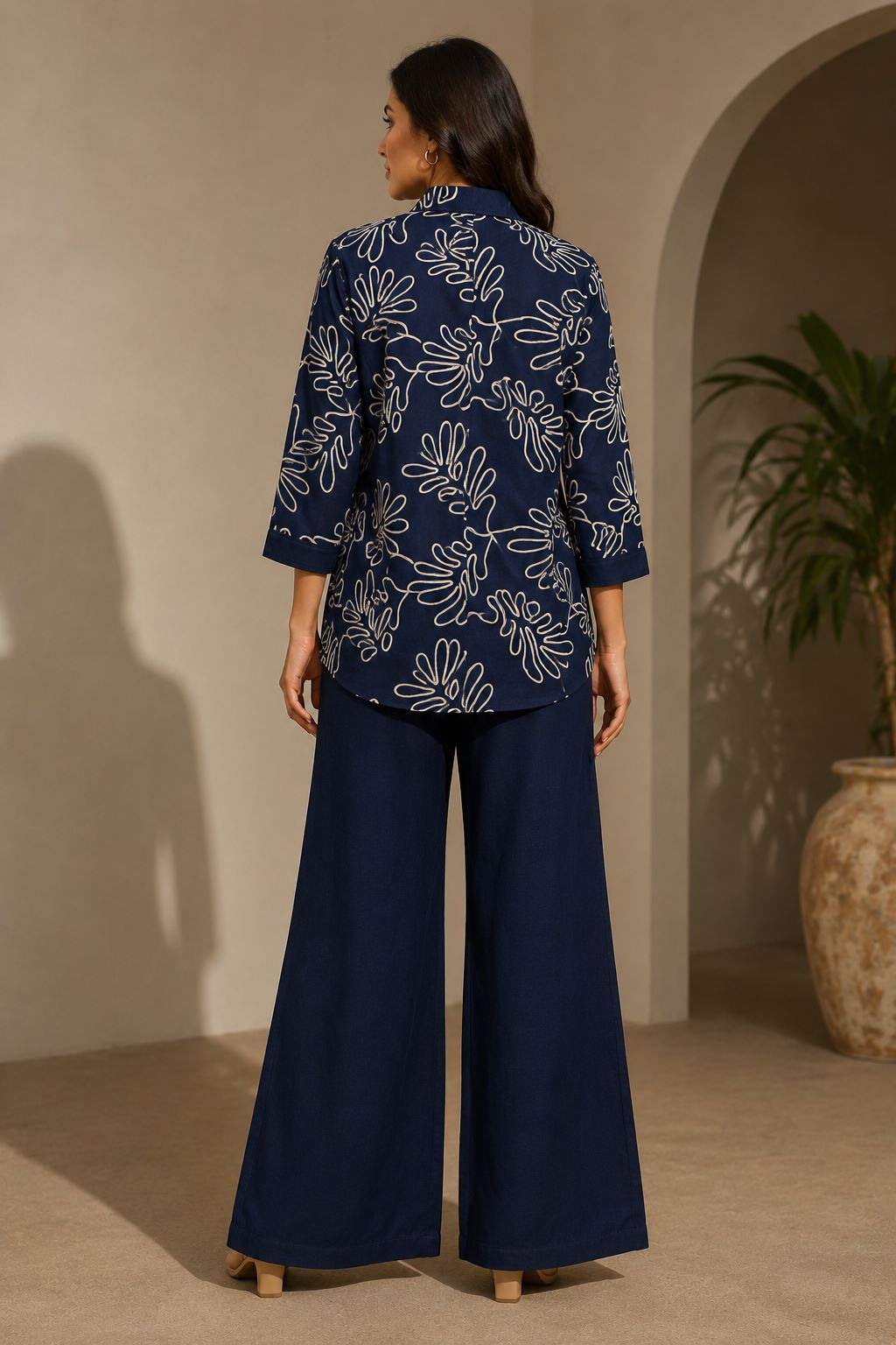Navy Blue Embroidered Linen Shirt & Palazzo Co-Ord Set | Claura
