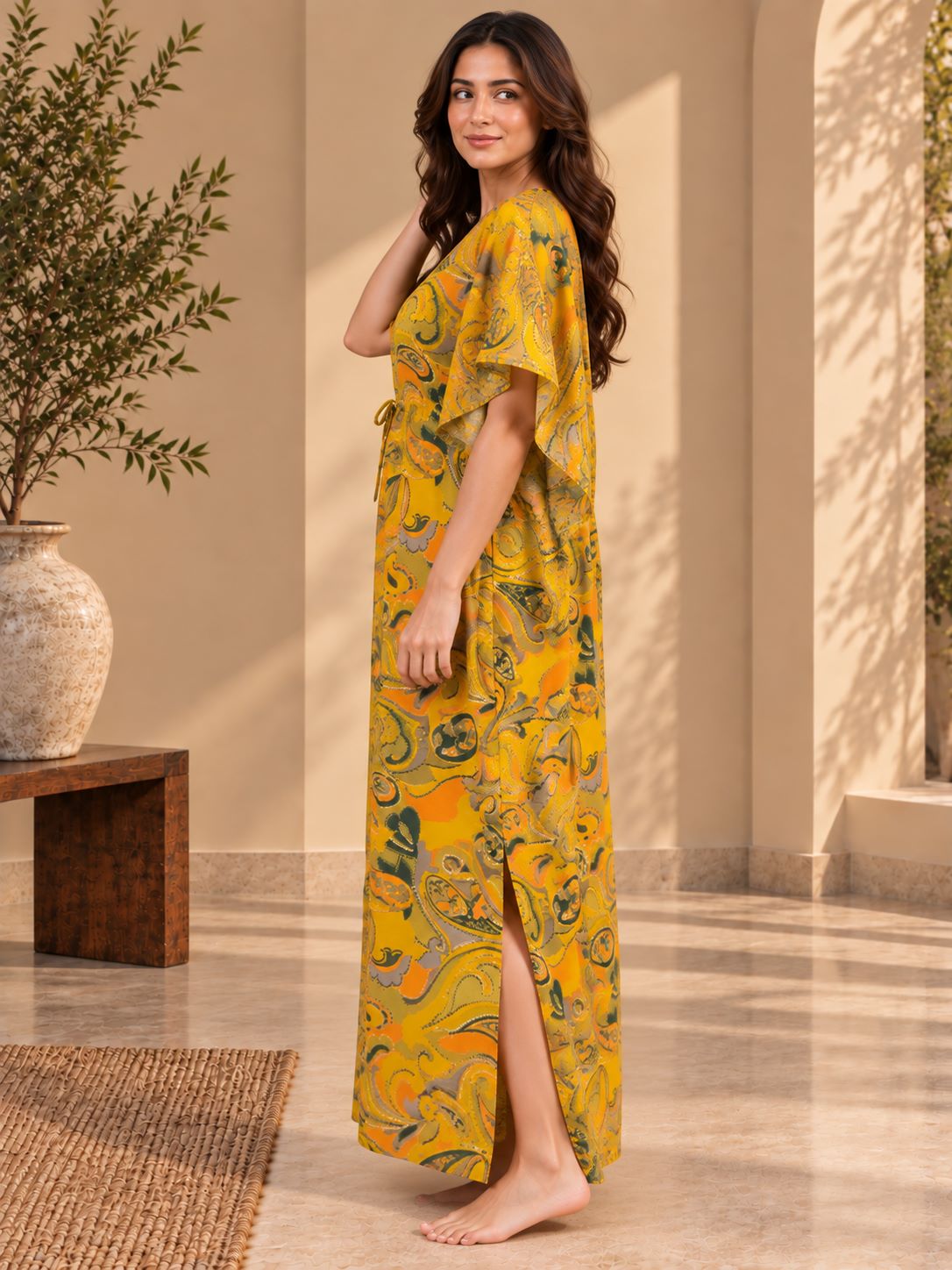 Yellow Printed V-Neck Relaxed Maxi Kaftan For Women | Claura