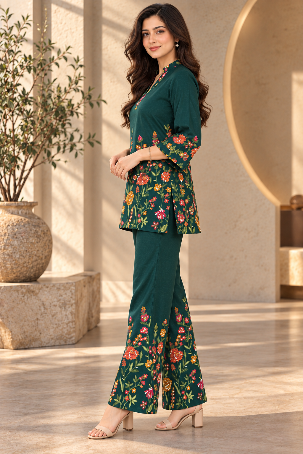 Green Romantic Bloom Printed Tunic with Palazzos | Claura