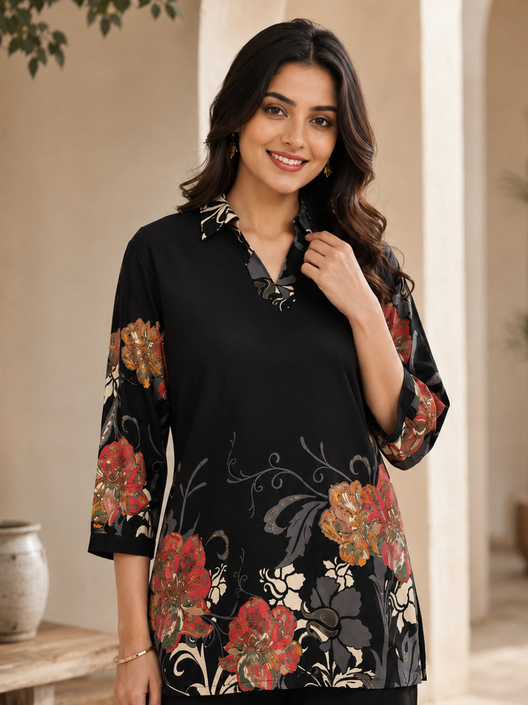 Black Floral Viscose Rayon Casual Co-ord Set for Women