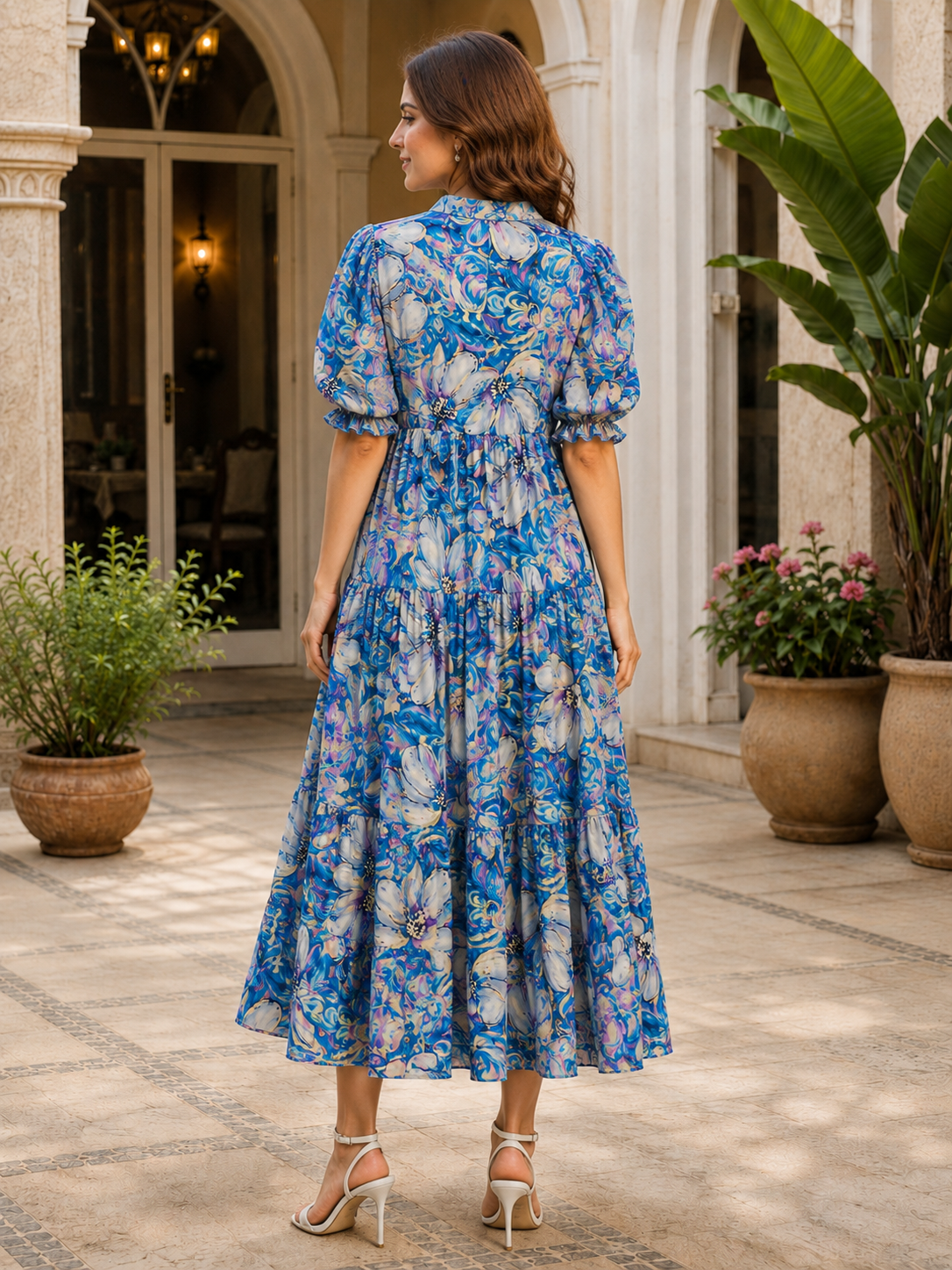 Blue Floral Printed Premium Chanderi Bell-Sleeve Dress for Women | Claura