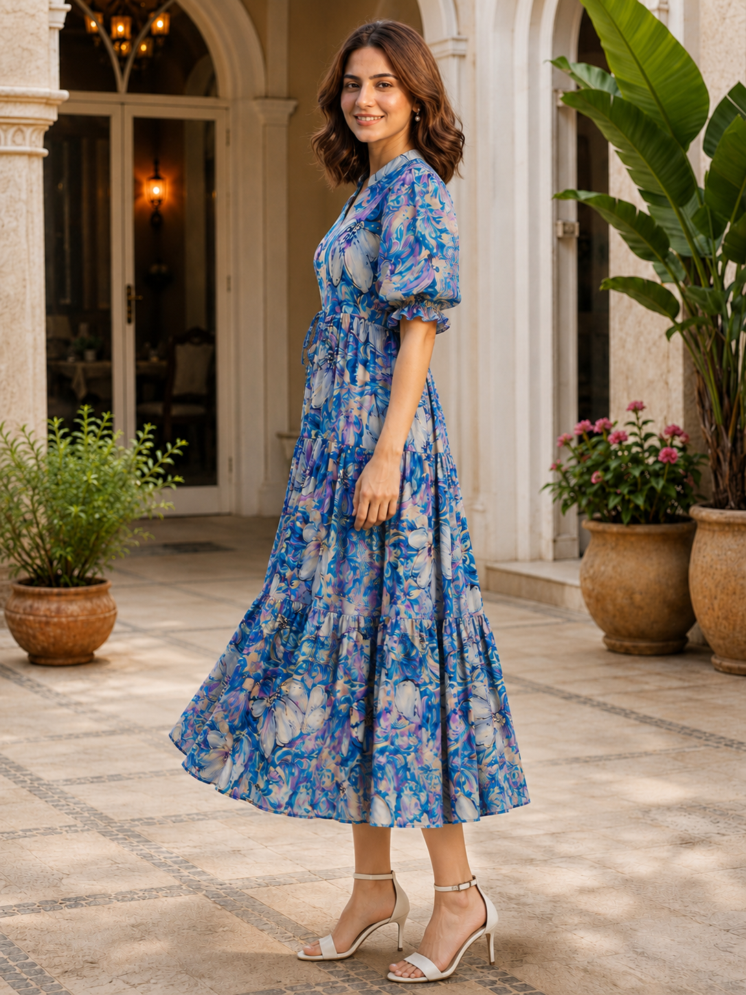 Blue Floral Printed Premium Chanderi Bell-Sleeve Dress for Women | Claura
