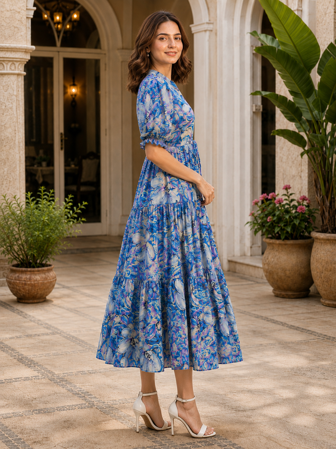 Blue Floral Printed Premium Chanderi Bell-Sleeve Dress for Women | Claura