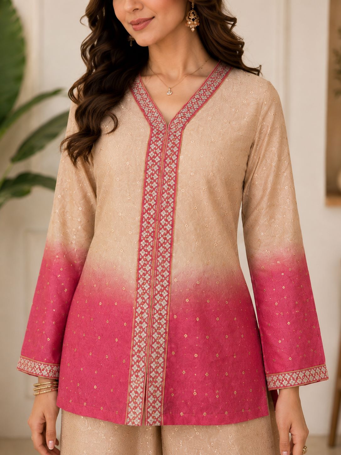 Pink & Cream Ombre Floral Embroidered V-Neck Tunic with Palazzos Co-Ord Set