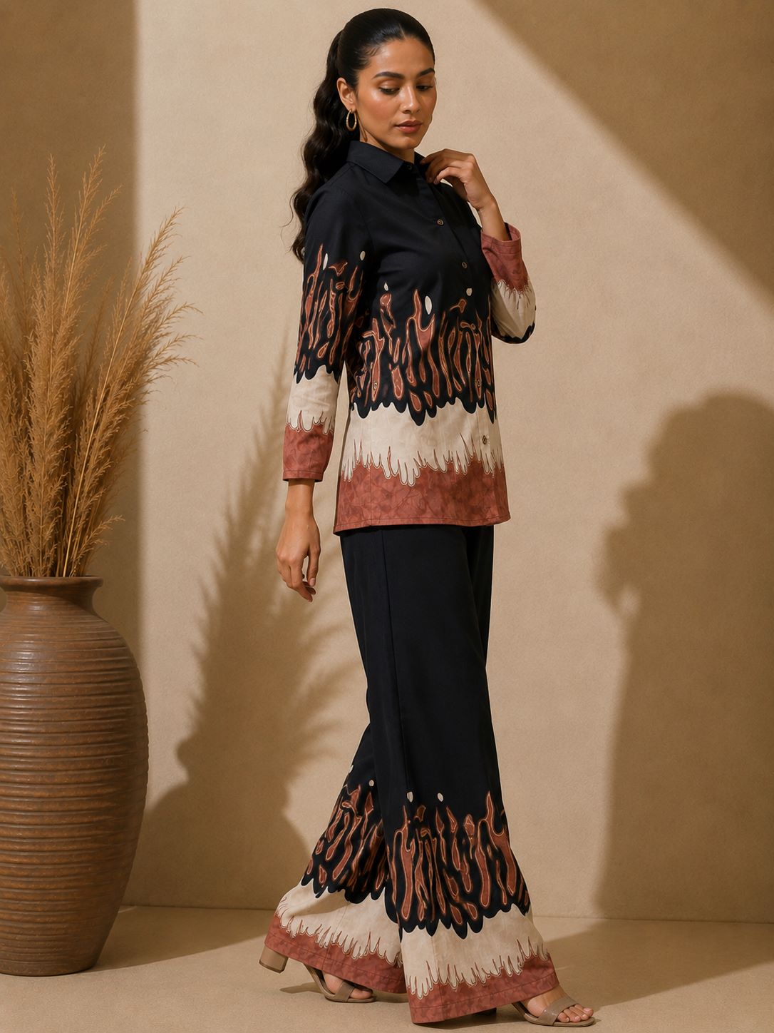 Black Color Abstract Printed Silk Co-Ord Set For Women | Claura