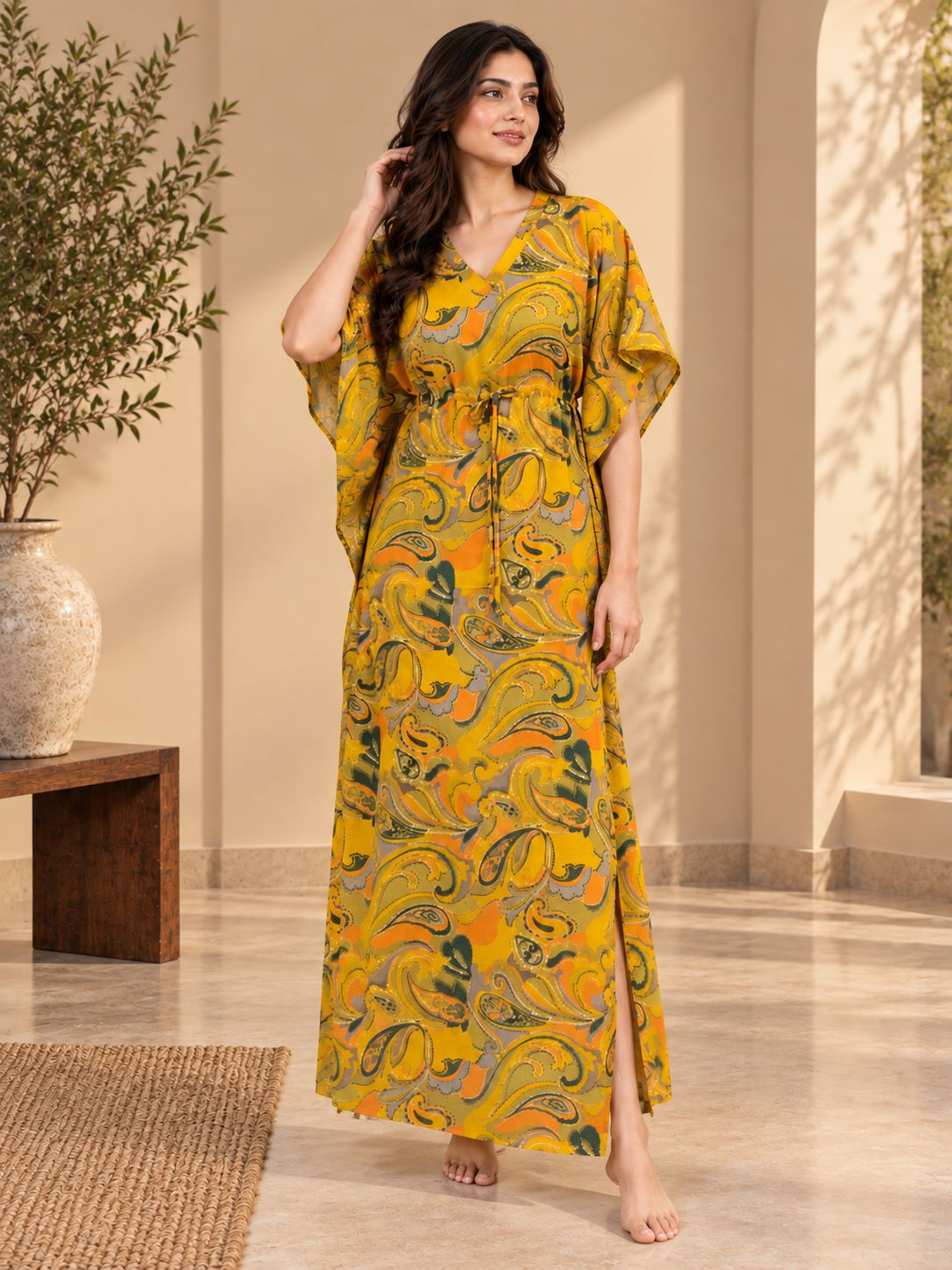 Yellow Printed V-Neck Relaxed Maxi Kaftan For Women | Claura