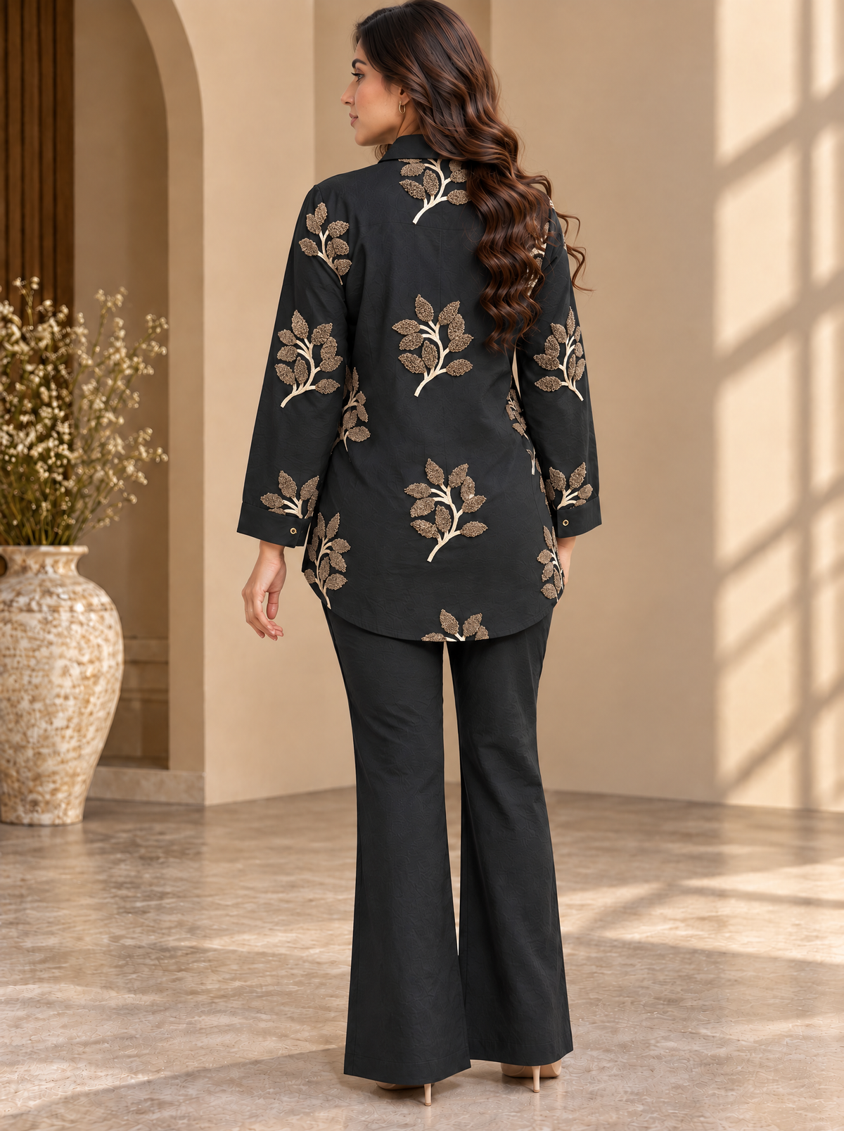 Black & Gold Embroidered Tunic with Flared Palazzo Set | Claura