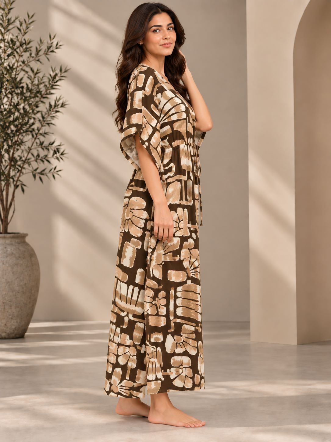Brown Abstract Floral Print V-Neck Maxi Nightdress | Claura
