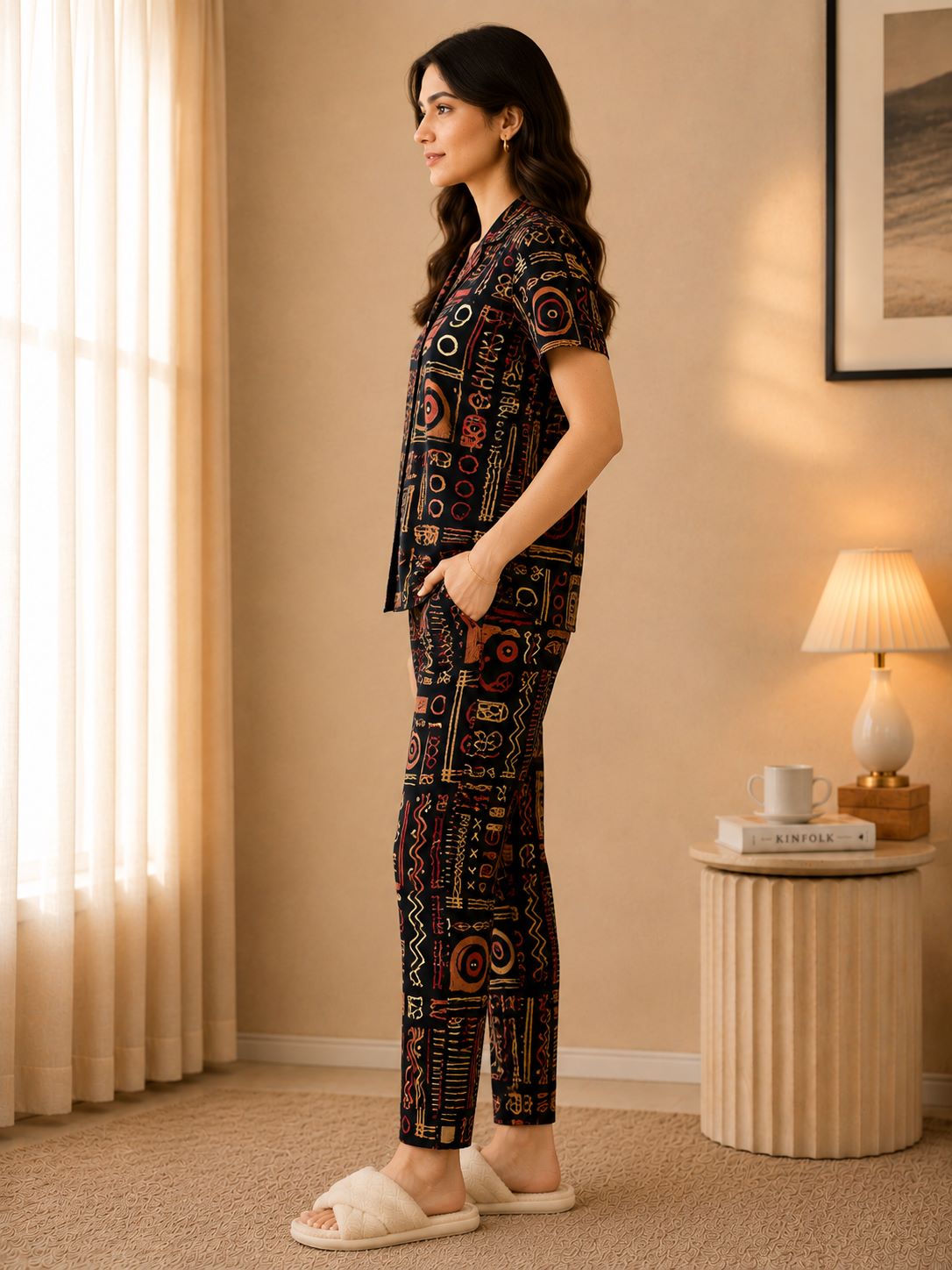 Black Abstract Art Printed Luxe Rayon Night Suit for Women | Claura