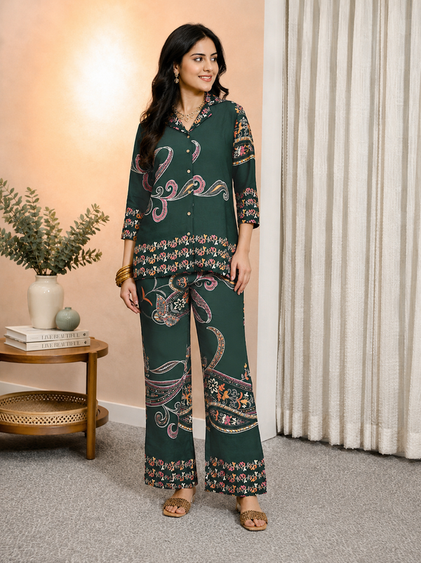 Green Abstract Chanderi Silk Casual Co-ord Set for Women