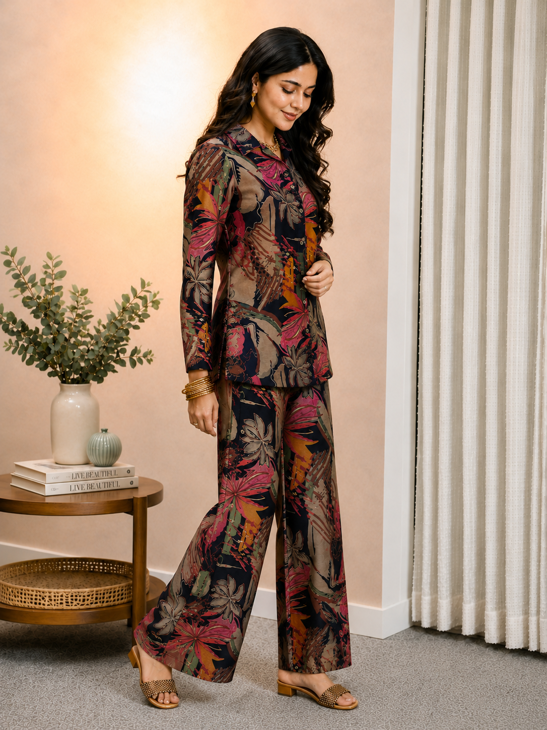 Navy Blue Floral Printed Chanderi Silk Co-Ord Set for Women | Claura