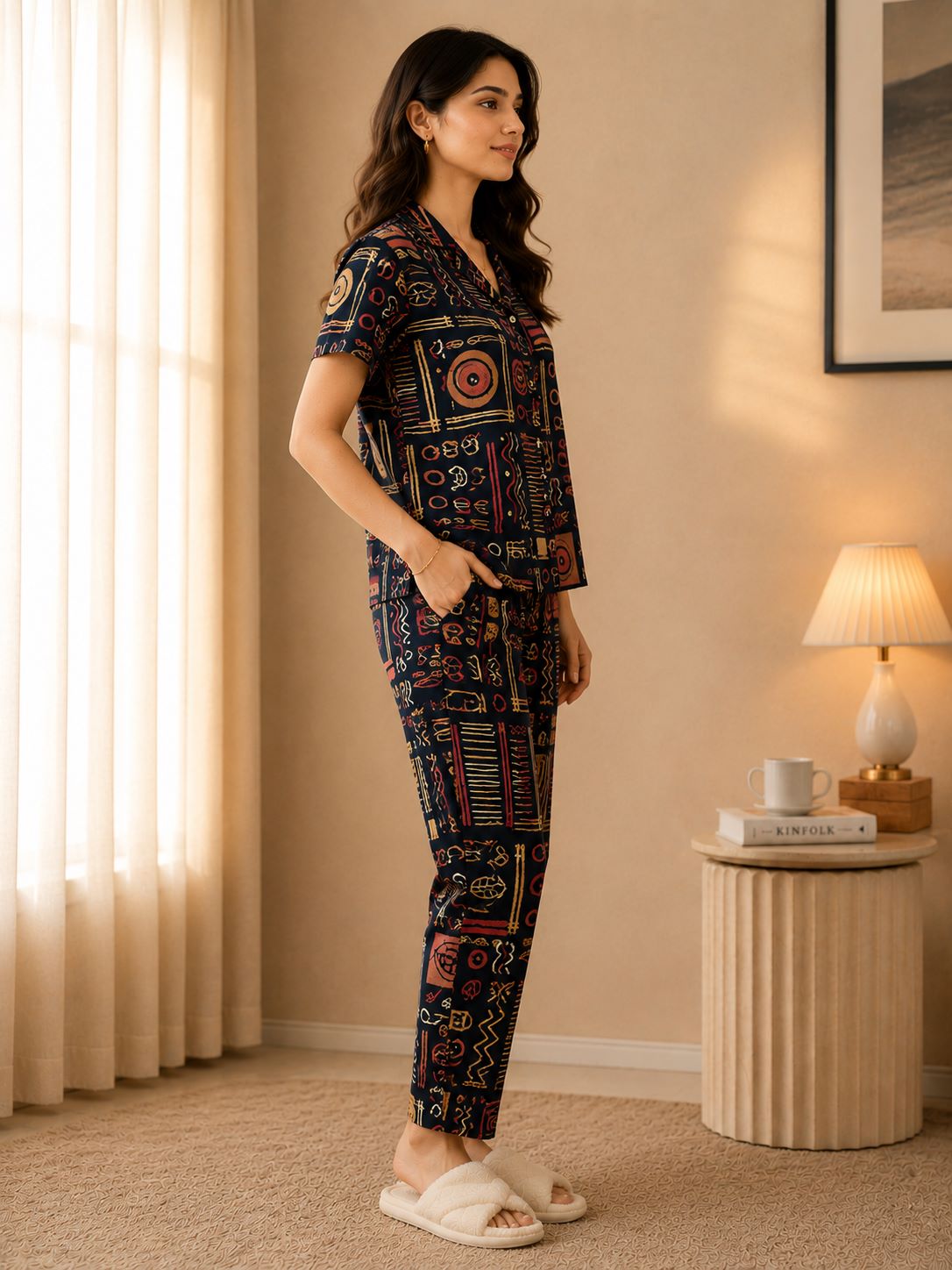 Black Abstract Art Printed Luxe Rayon Night Suit for Women | Claura