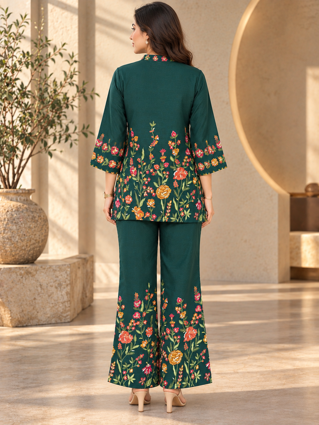 Green Romantic Bloom Printed Tunic with Palazzos | Claura