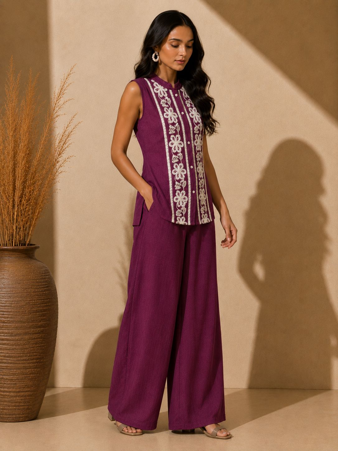 Purple Embroidered Sleeveless Linen Top & Palazzo Set | Claura
