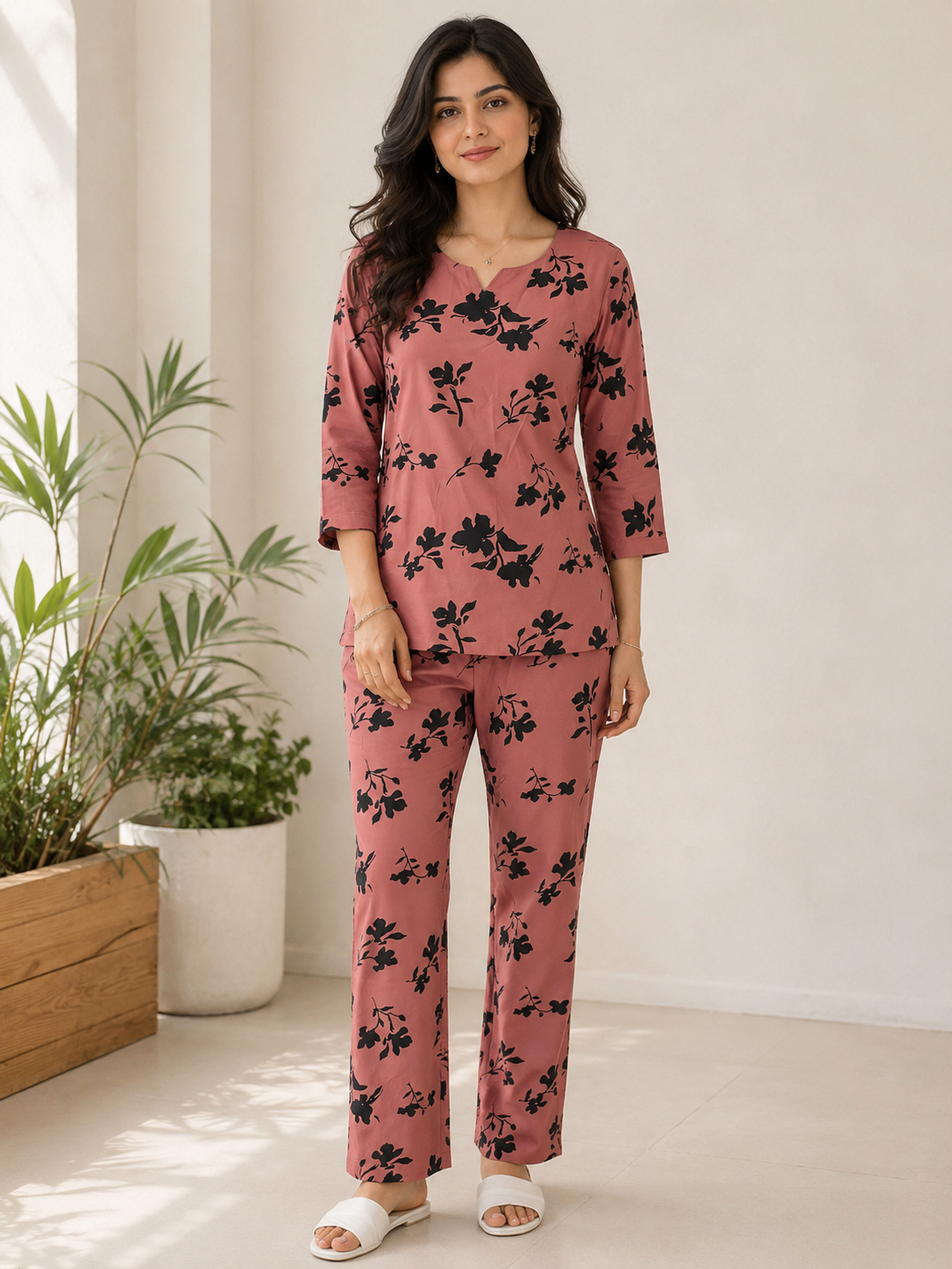 Rust Bloom Floral Print Rayon Night Suit Set For Women | Claura