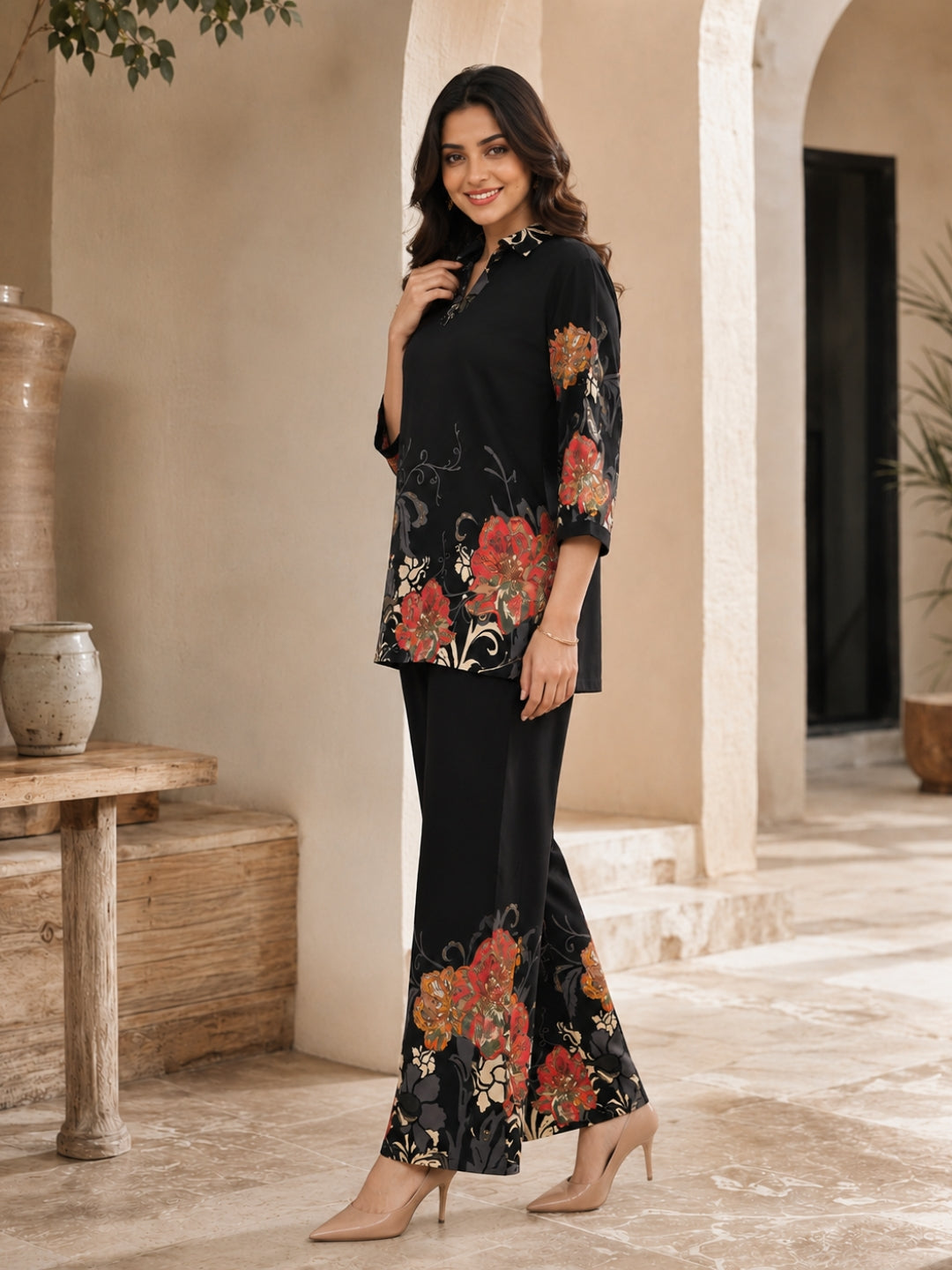 Black Floral Viscose Rayon Casual Co-ord Set for Women