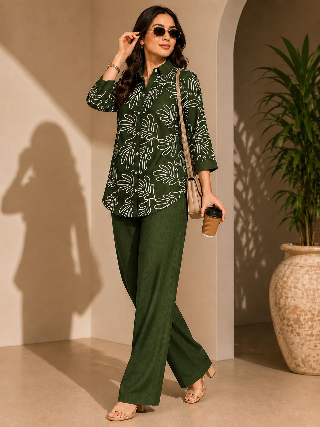 Olive Green Embroidered Linen Co-ord Set | Claura