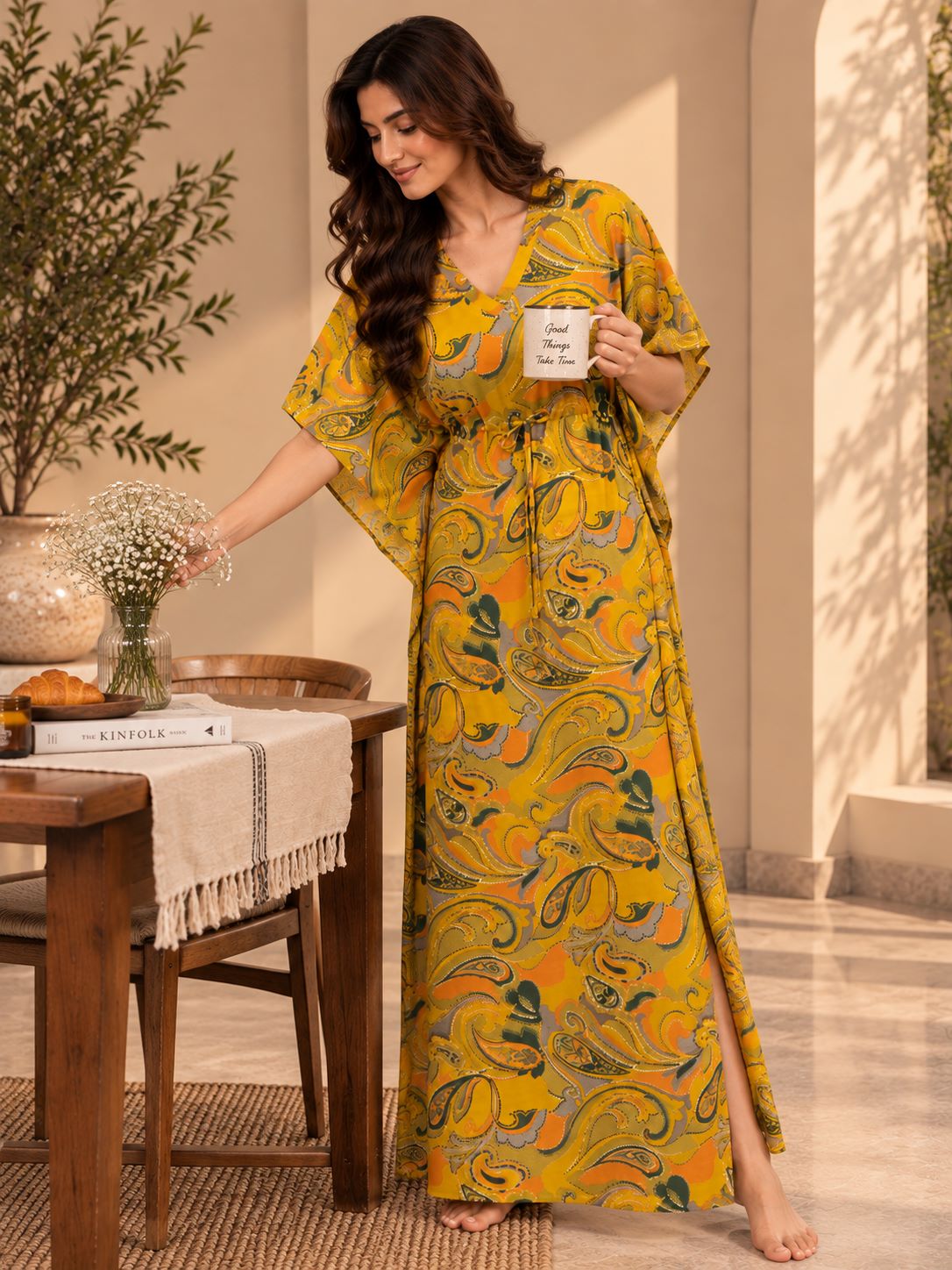 Yellow Printed V-Neck Relaxed Maxi Kaftan For Women | Claura