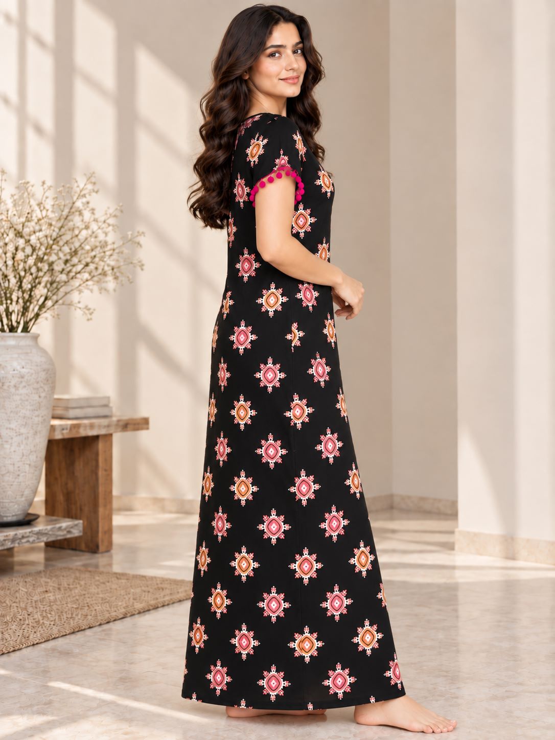 Black Geometric Print Round Neck Maxi Nighty For Women | Claura