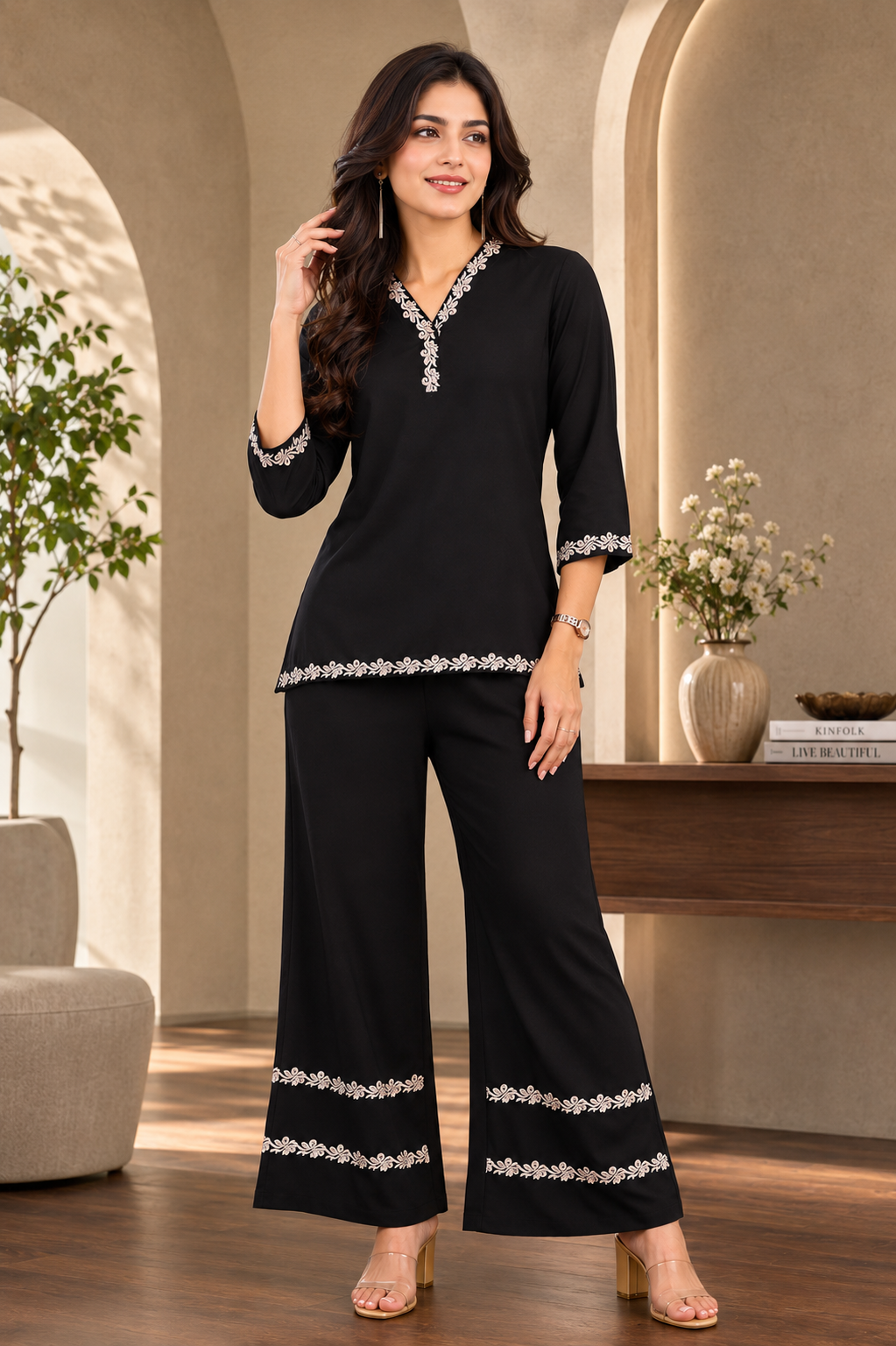 Black Embroidered Tunic & Trouser Viscose Rayon Co-Ord Set