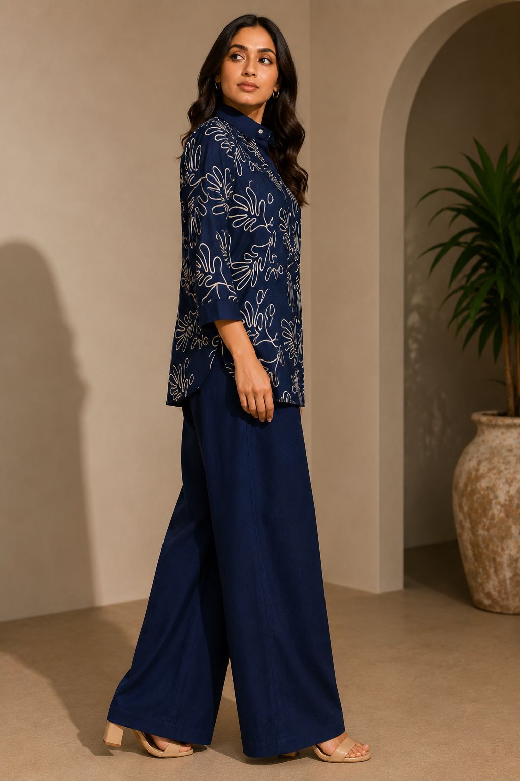 Navy Blue Embroidered Linen Shirt & Palazzo Co-Ord Set | Claura